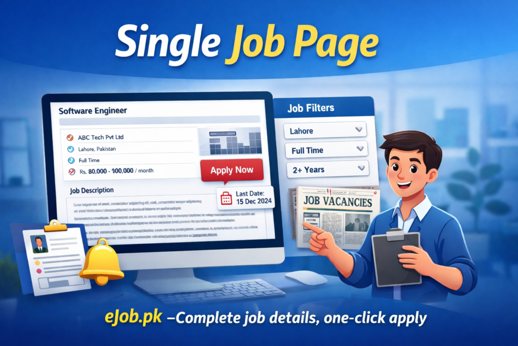 eJob.pk Single Job Page showing a detailed job listing for a Software Engineer, with company name, location, salary, job type, filters, and an Apply Now button.